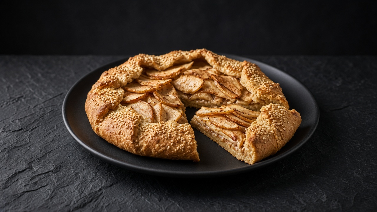 A rustic apple galette with a sesame-seed crust, sliced to show a layer of tahini spread under the apples.