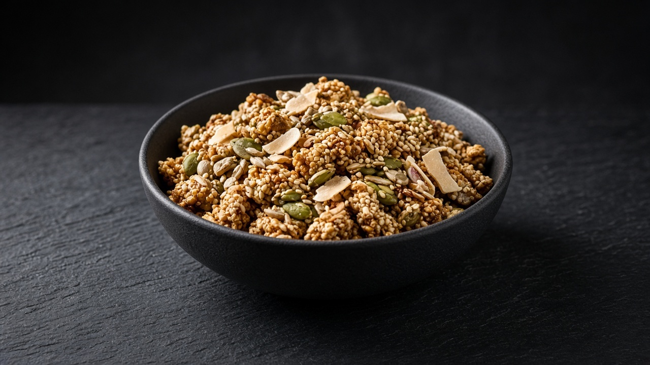 Golden grain-free granola clusters of sesame, sunflower and pumpkin seeds with toasted coconut flakes.
