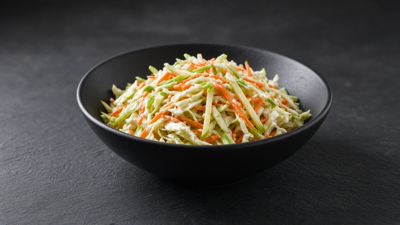A bowl of shredded green cabbage, grated carrot and green apple matchsticks in a creamy dressing.