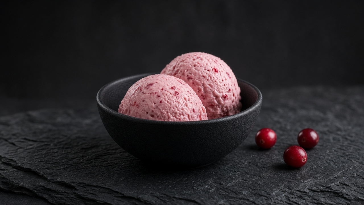 Two scoops of rosy pink cranberry custard ice cream in a black bowl beside fresh cranberries.