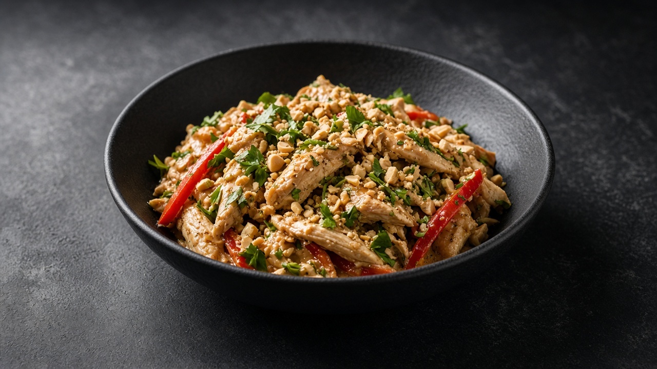 Chicken in a tan peanut dressing with strips of red pepper, chopped coriander and crushed peanuts on top.
