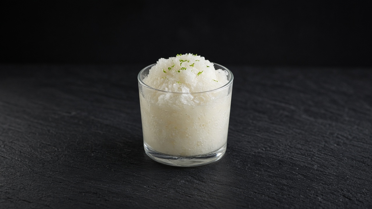 Pale creamy coconut and lychee granita in a glass with lime zest on top.