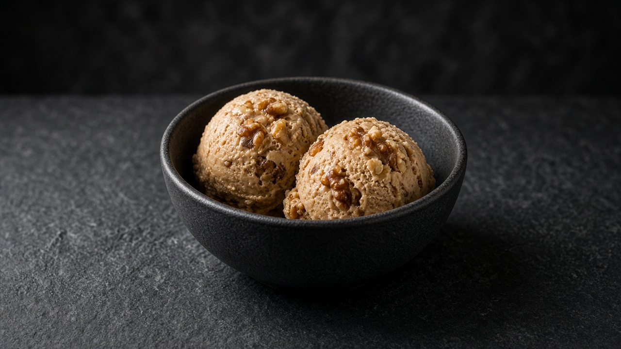 Two scoops of light brown sugar custard ice cream studded with toasted walnuts in a black bowl.