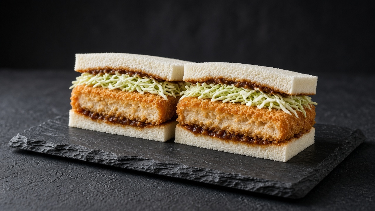 A halved sandwich showing crisp breaded tofu slabs, shredded cabbage and sauce layered between soft white bread.