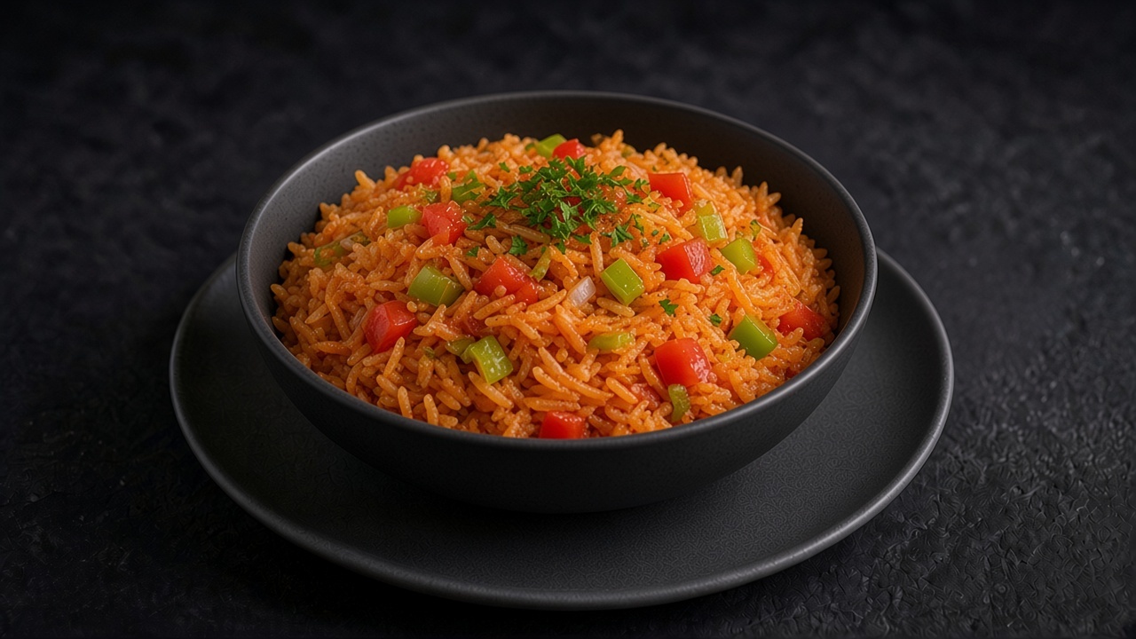 Tomato-red rice with green pepper, celery and chopped parsley on a matte dark plate.