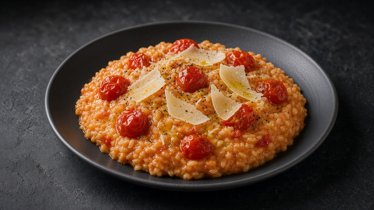 Creamy tomato risotto with burst cherry tomatoes and shaved Parmesan on a matte black plate.