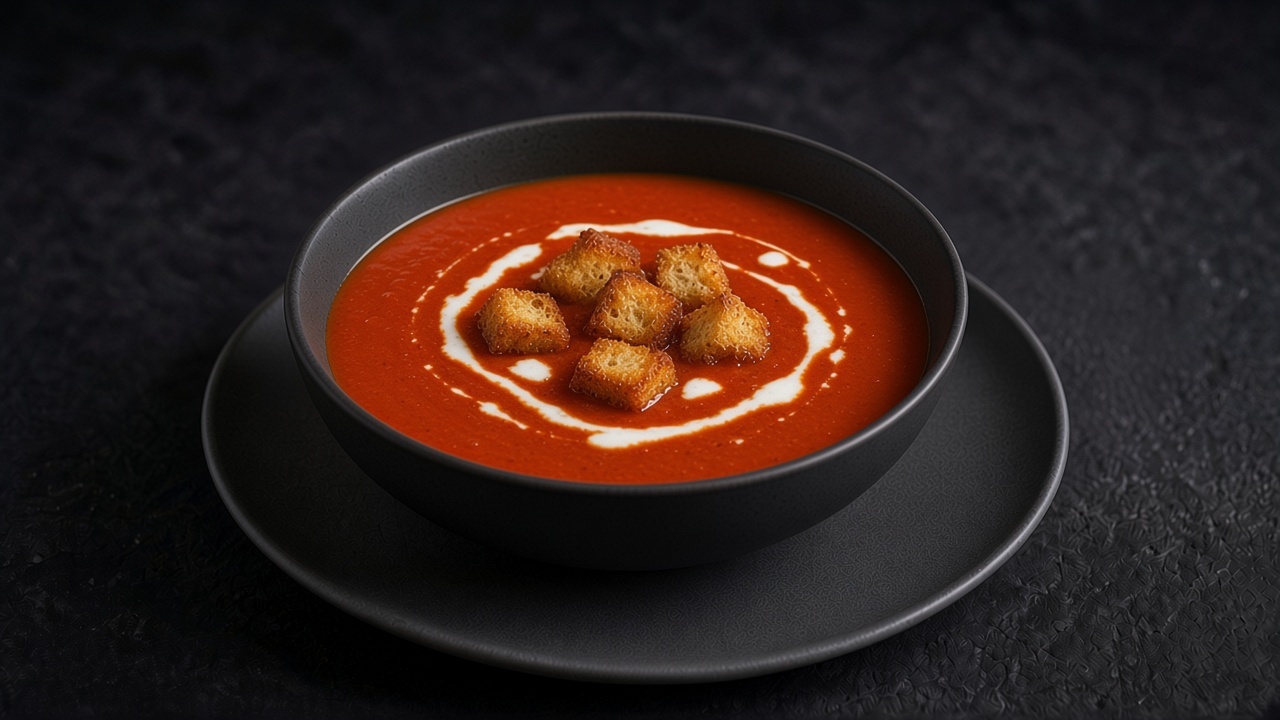 Smooth red tomato soup with a swirl of cream and curried bagel croutons in a matte black bowl.