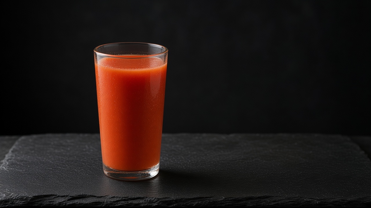 A tall glass of fresh red-orange tomato and vegetable juice on a matte black slate.