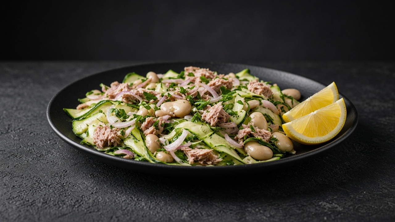 Pale green courgette ribbons on a platter with butter beans, chunks of tuna, sliced shallot, herbs and lemon wedges.