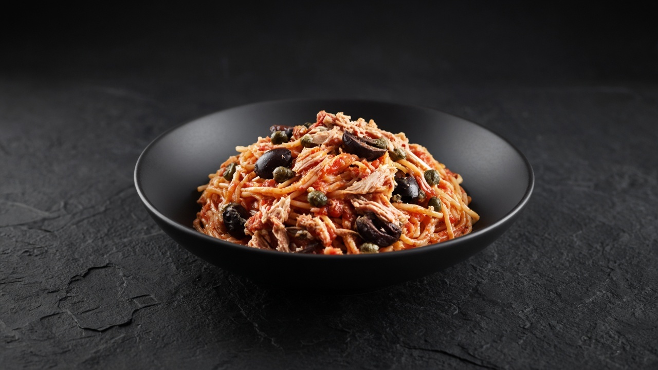 Spaghetti in tomato, olive and caper sauce with flakes of tuna through it.