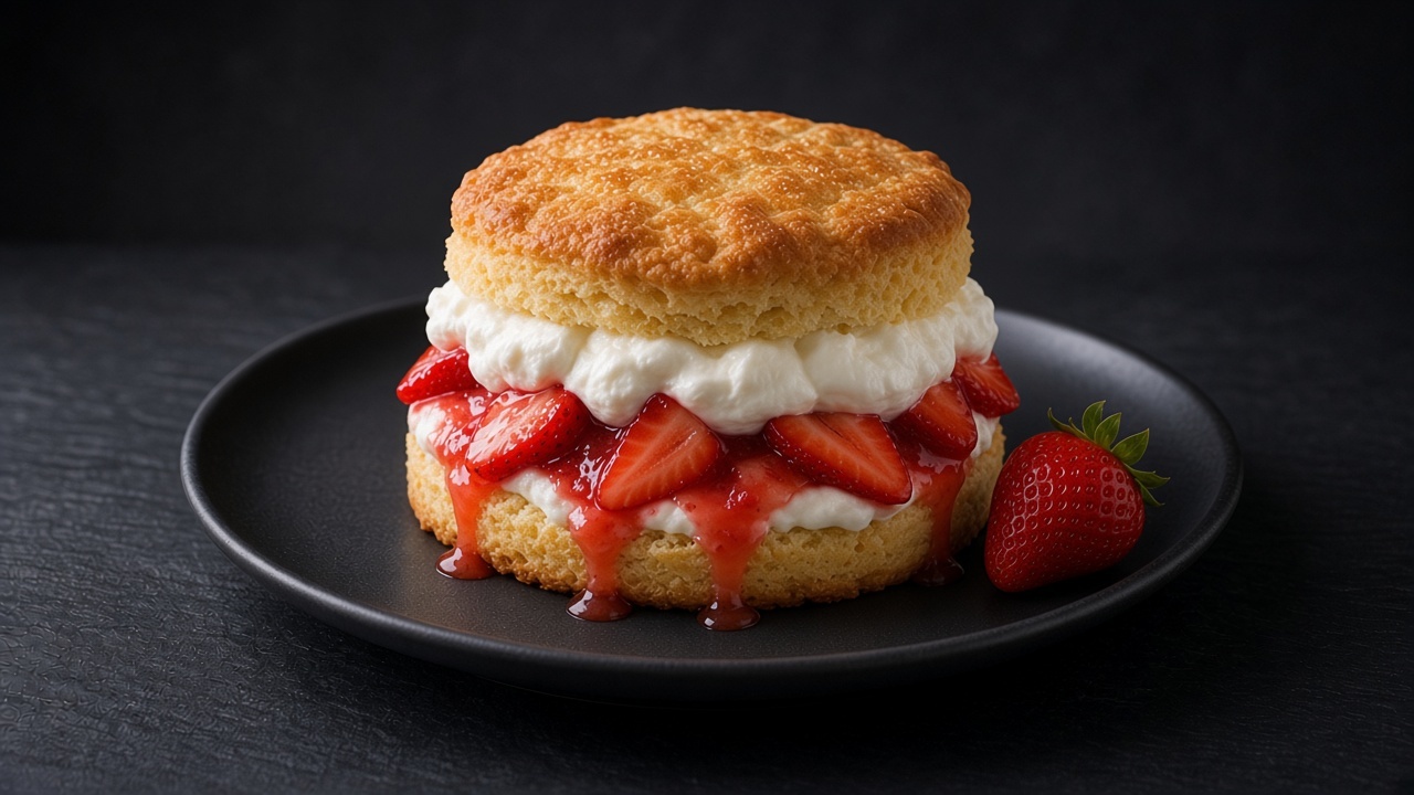 A split golden biscuit layered with strawberries and softly whipped cream on a matte dark plate.
