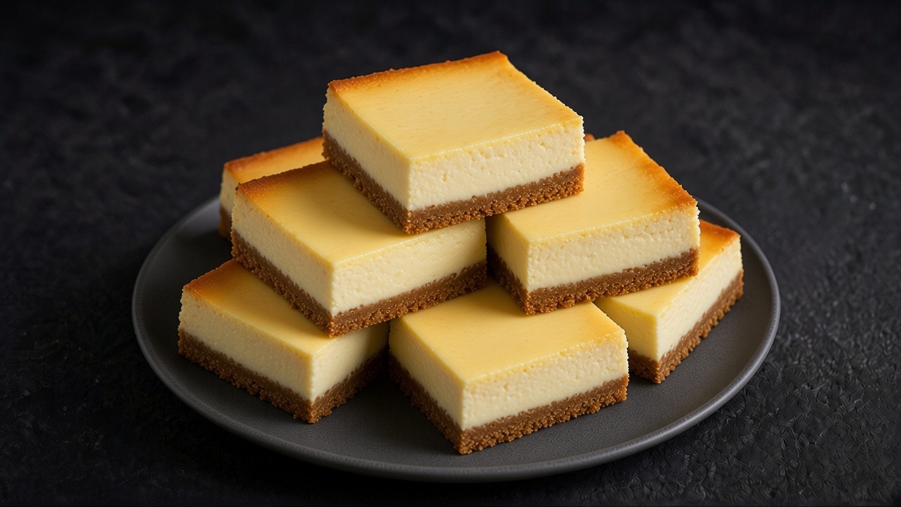 Sixteen golden-edged cheesecake bars stacked on a matte dark slate, their cut sides showing the graham crust under the pale filling.