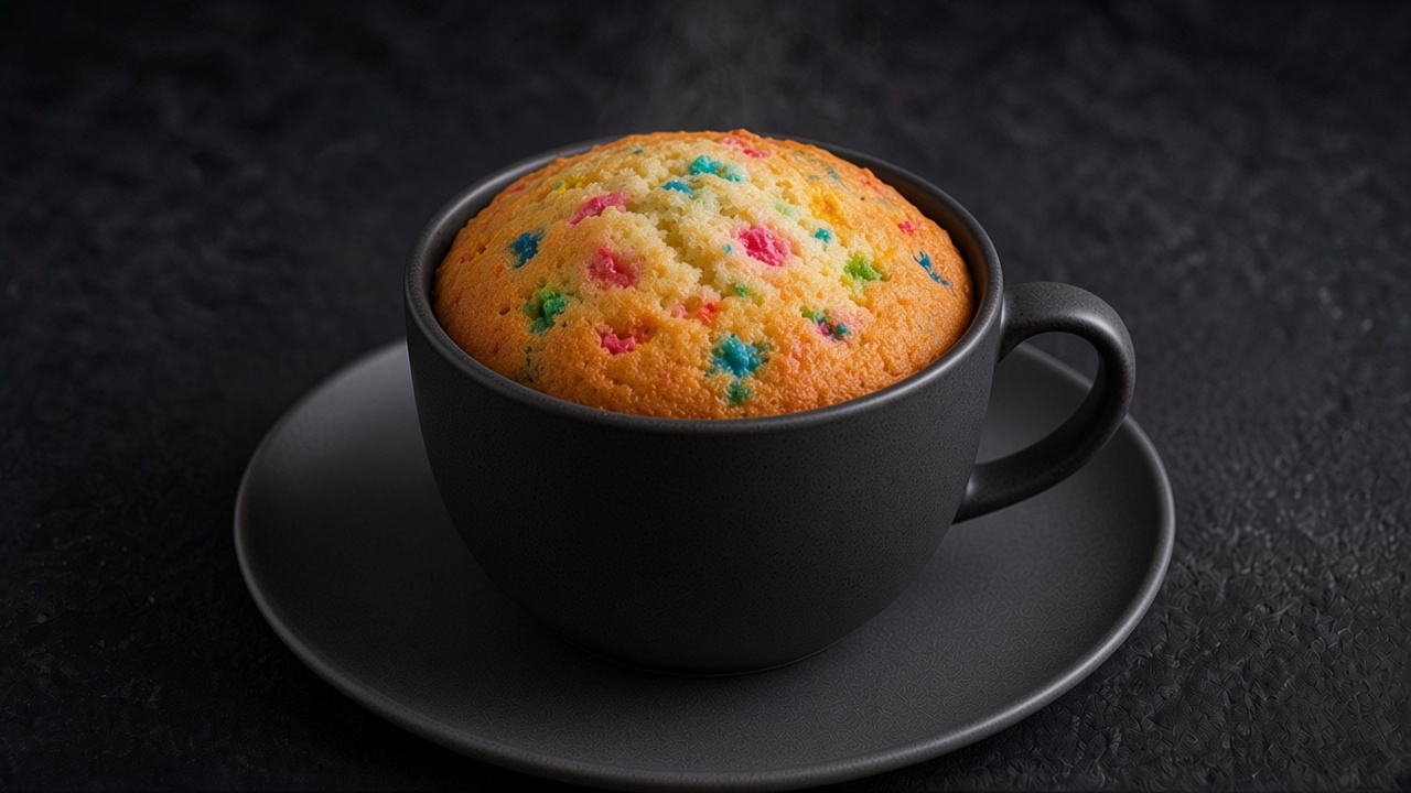 A single vanilla mug cake studded with sprinkles, served warm in its mug on a matte dark slate.