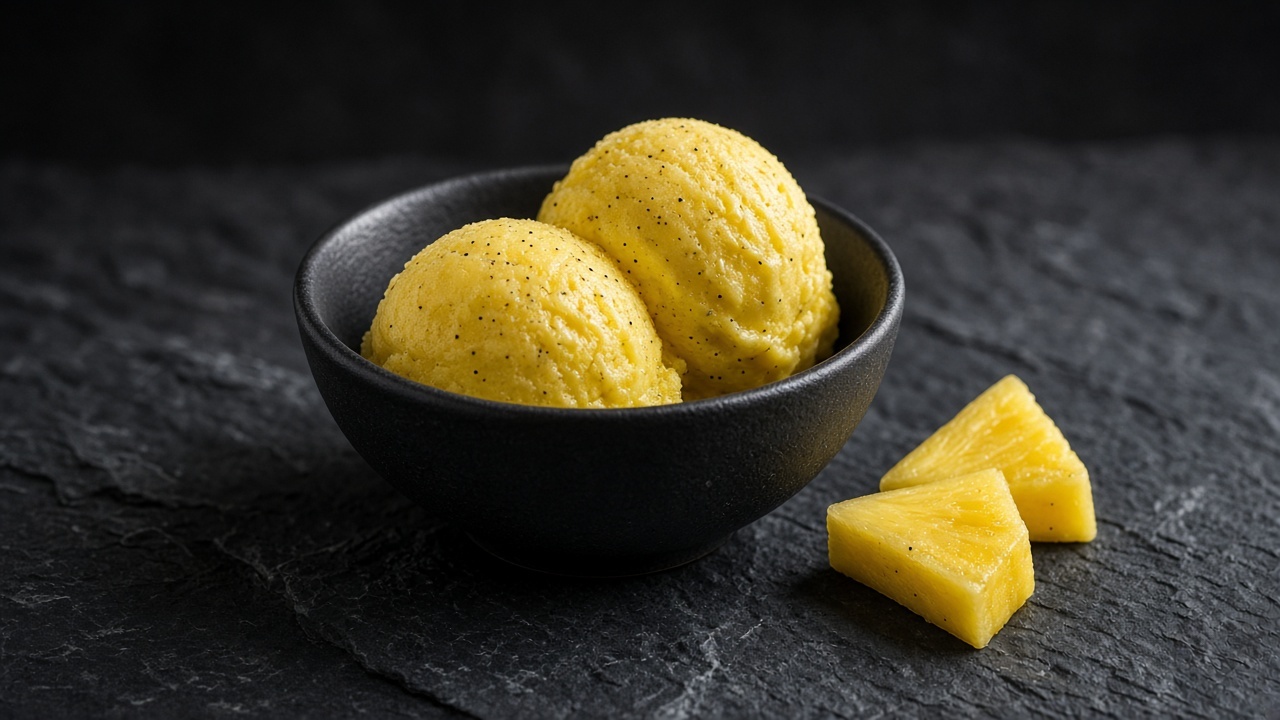 Bright yellow pineapple sorbet flecked with vanilla seeds, with pineapple wedges.