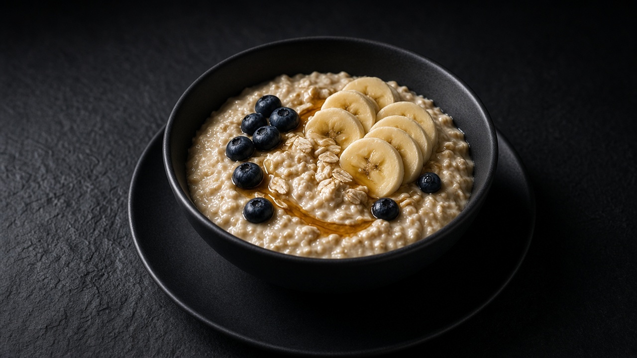 A bowl of creamy vegan oat porridge topped with banana slices, blueberries and maple syrup.
