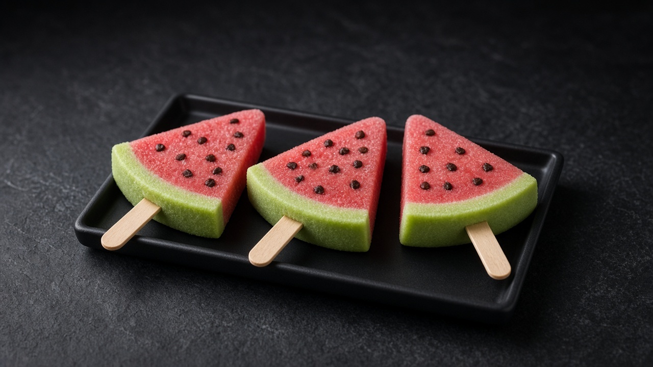 Watermelon-shaped ice pops with a pink chocolate-chip centre and a pale green lime sherbet rind around the edge.
