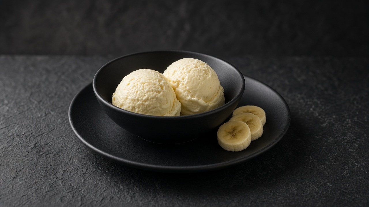 Two scoops of whipped banana ice cream in a dark bowl with banana slices on a matte dark plate.