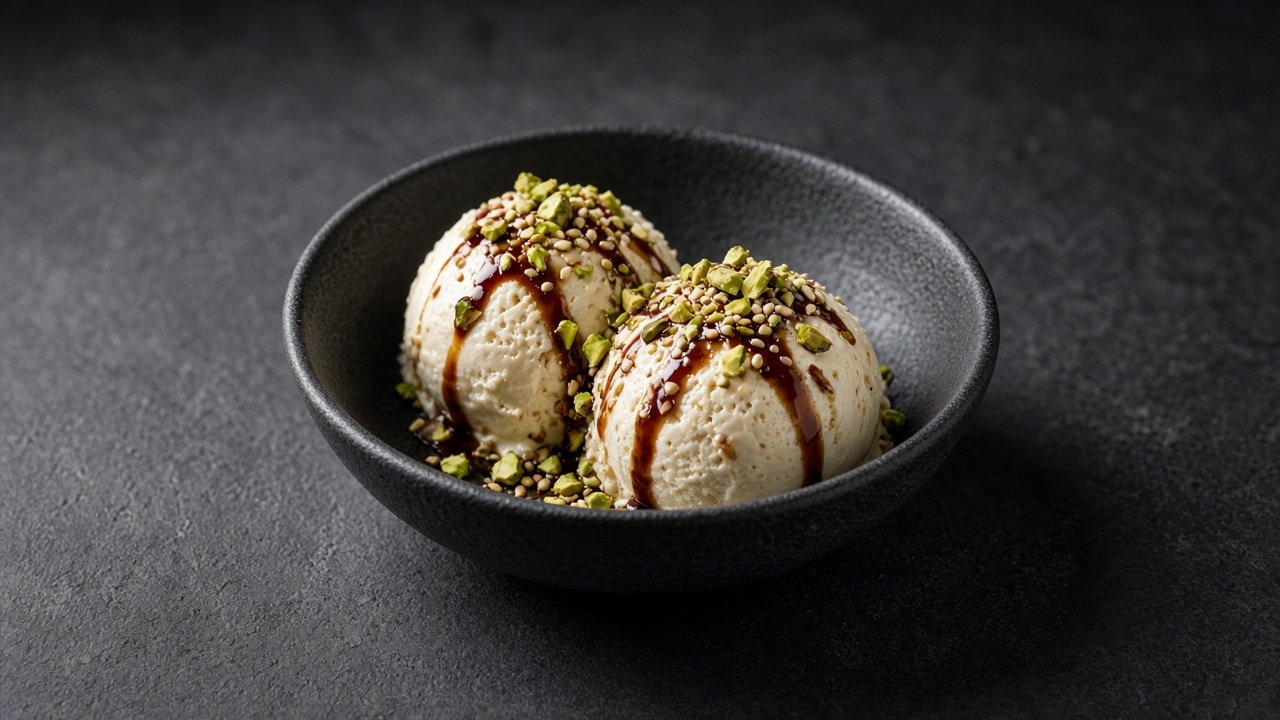 Two scoops of pale sesame pistachio custard ice cream drizzled with pomegranate molasses and scattered with pistachios and sesame seeds.