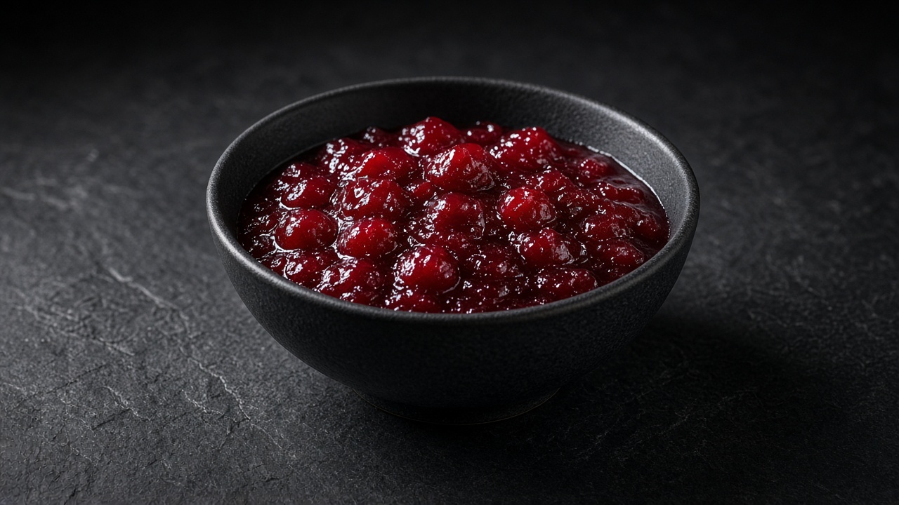 Glossy whole berry cranberry sauce with some berries still whole, in a matte black bowl.