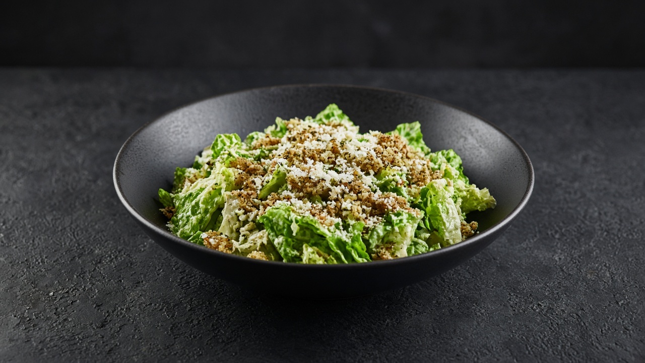 Romaine leaves tossed in a creamy white dressing, topped with golden za'atar breadcrumbs and finely grated feta in a wide bowl.