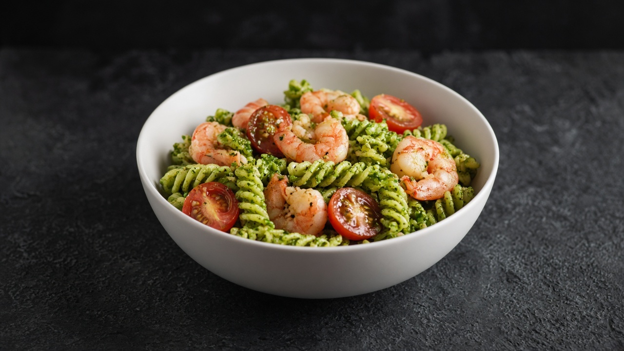 Fusilli tossed in bright green coriander pesto with pink prawns and halved red cherry tomatoes in a white bowl.