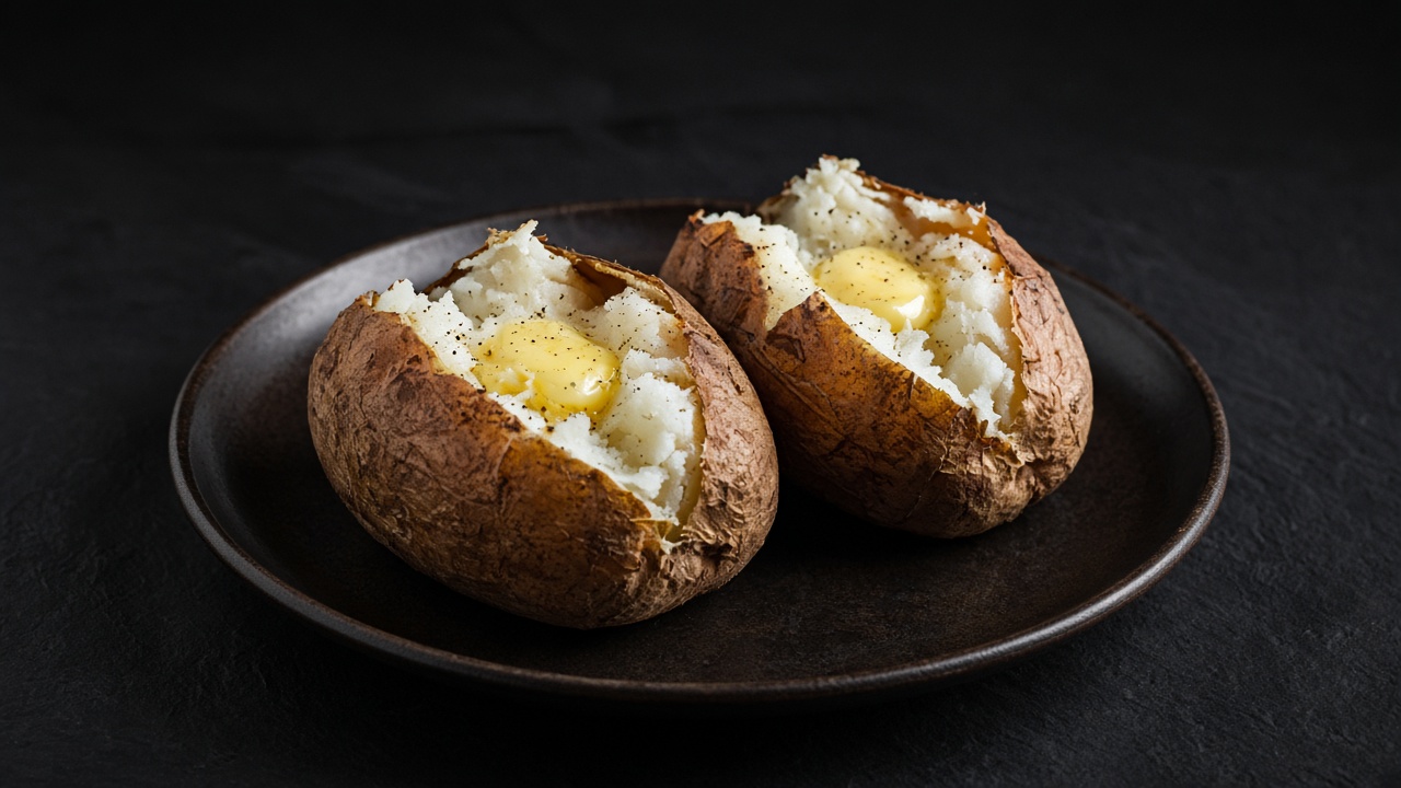 Two crisp-skinned jacket potatoes split open with butter and soured cream on a black plate on dark slate.