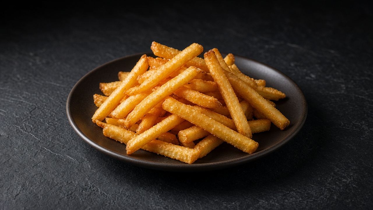 A pile of golden double-fried French fries on a black plate on dark slate.
