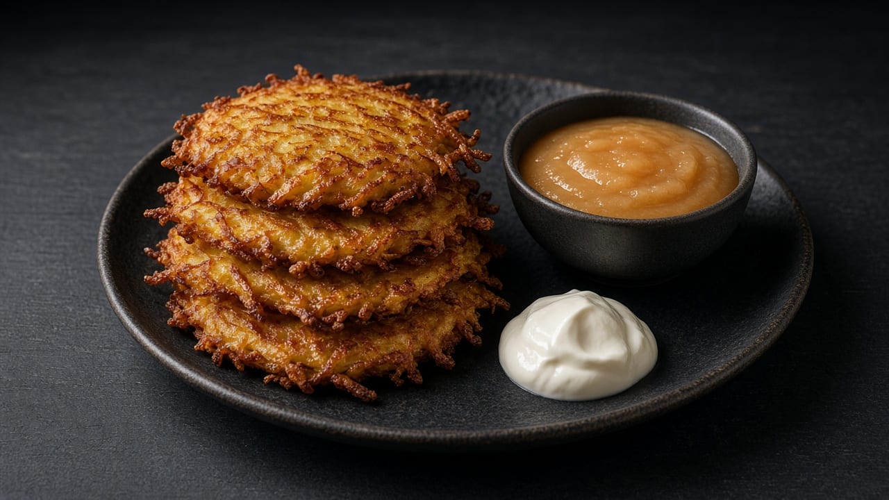 A stack of crisp golden potato latkes with apple sauce and soured cream on a black plate on dark slate.