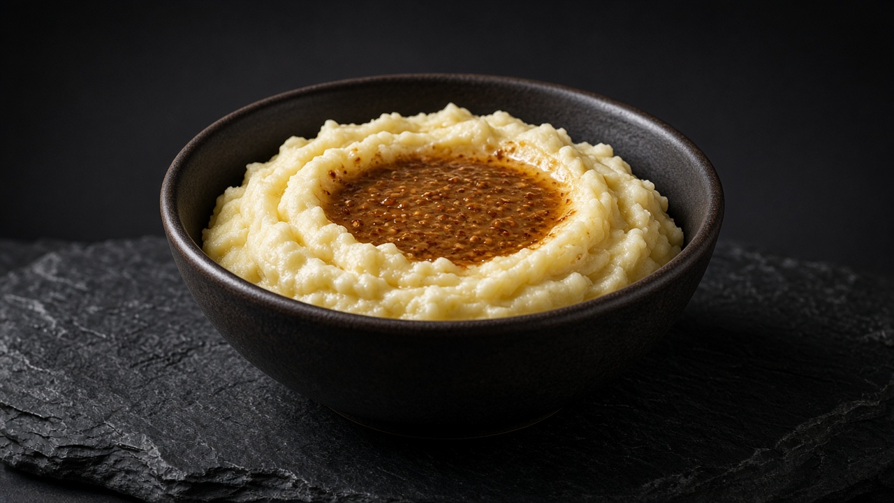 A black bowl of mashed potatoes with a pool of nut-brown butter in the centre on dark slate.