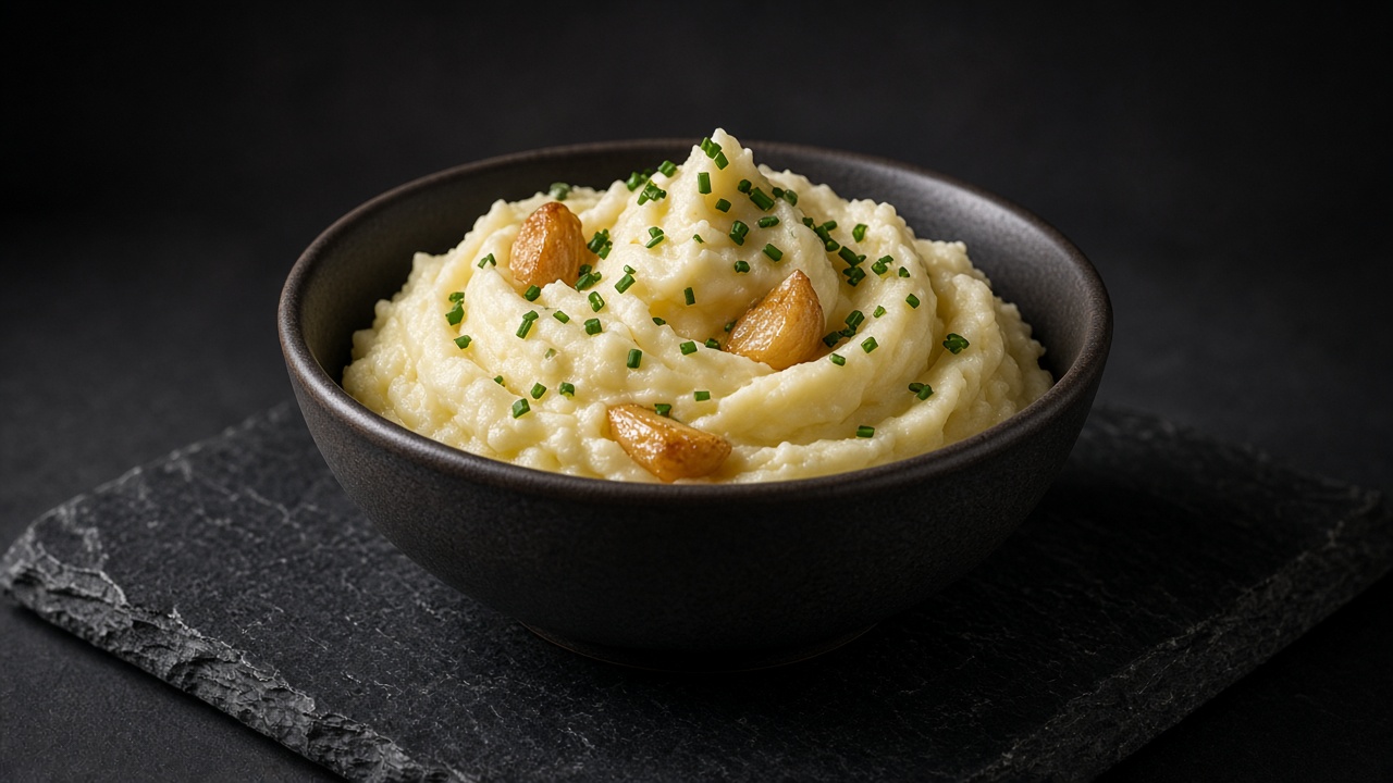 A black bowl of creamy mashed potatoes topped with roasted garlic cloves and snipped chives on dark slate.