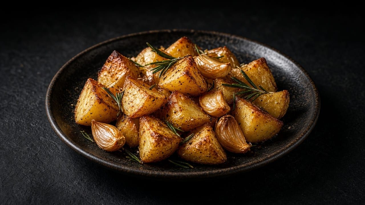 A black bowl of golden roast potatoes with rosemary sprigs and garlic on dark slate.