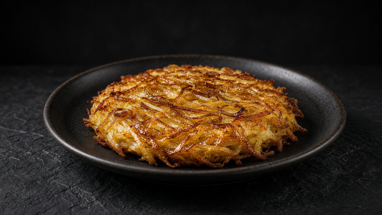 A round, golden onion rösti with crisp shredded edges on a black plate on dark slate.