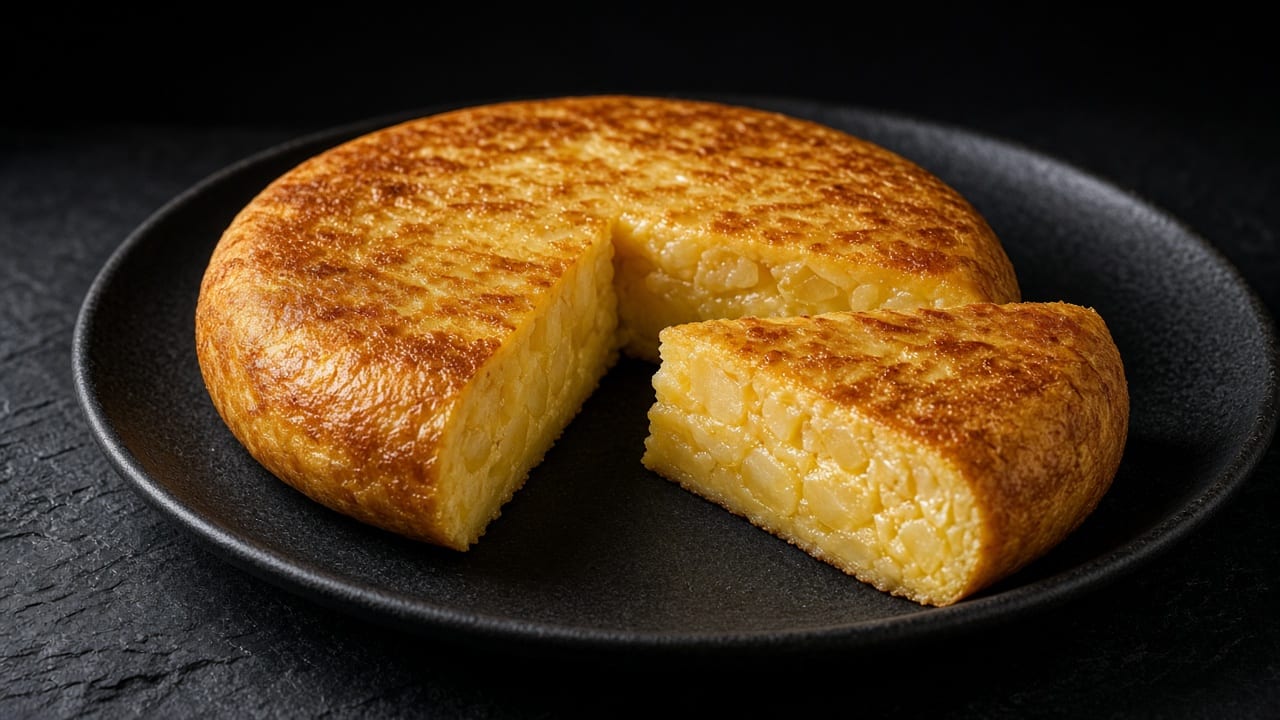 A thick golden Spanish tortilla with a wedge cut out to show the potato layers on a black plate on dark slate.