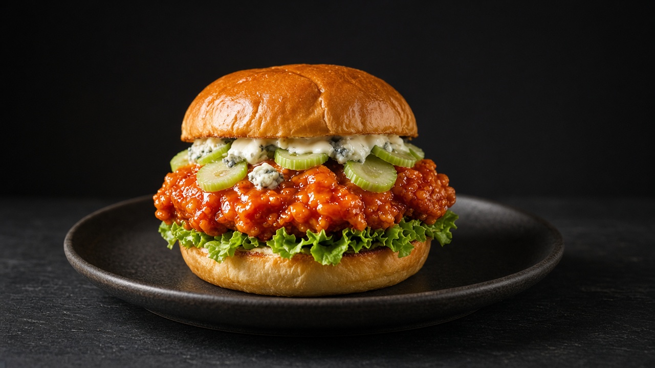 A crispy chicken burger coated in orange buffalo sauce, topped with blue cheese crumbles and pickles, on lettuce in a toasted bun.