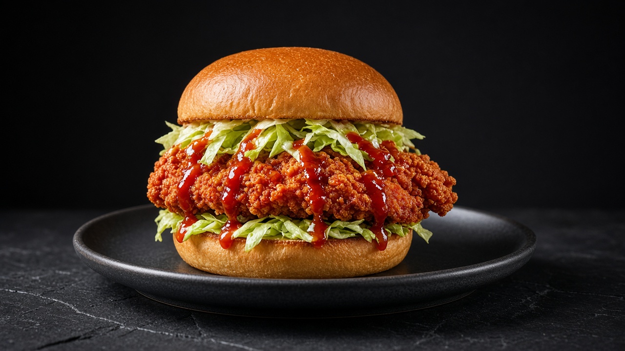 A crispy red-glazed spicy chicken burger with shredded lettuce and a drizzle of hot sauce in a brioche bun.