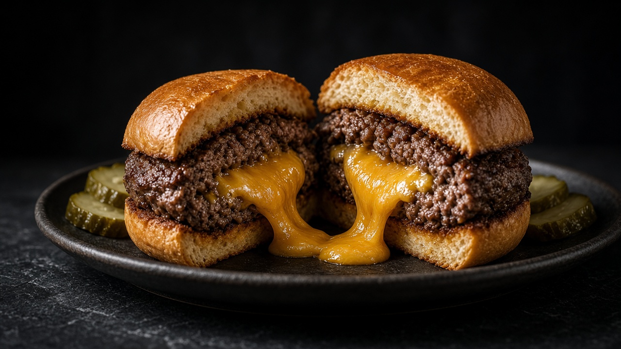 A Juicy Lucy burger cut in half, molten cheese oozing from the centre of the patty, with pickles alongside.