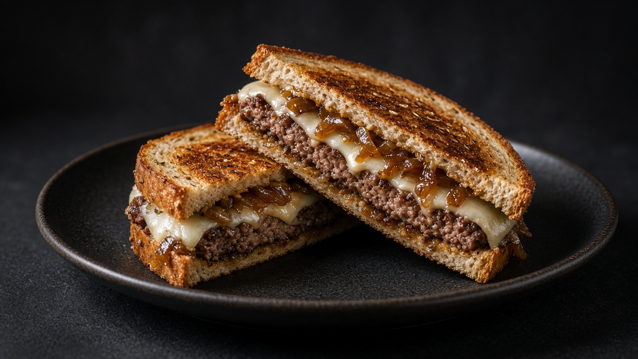 A patty melt on griddled rye bread cut in half, showing beef, melted Swiss cheese and onions.