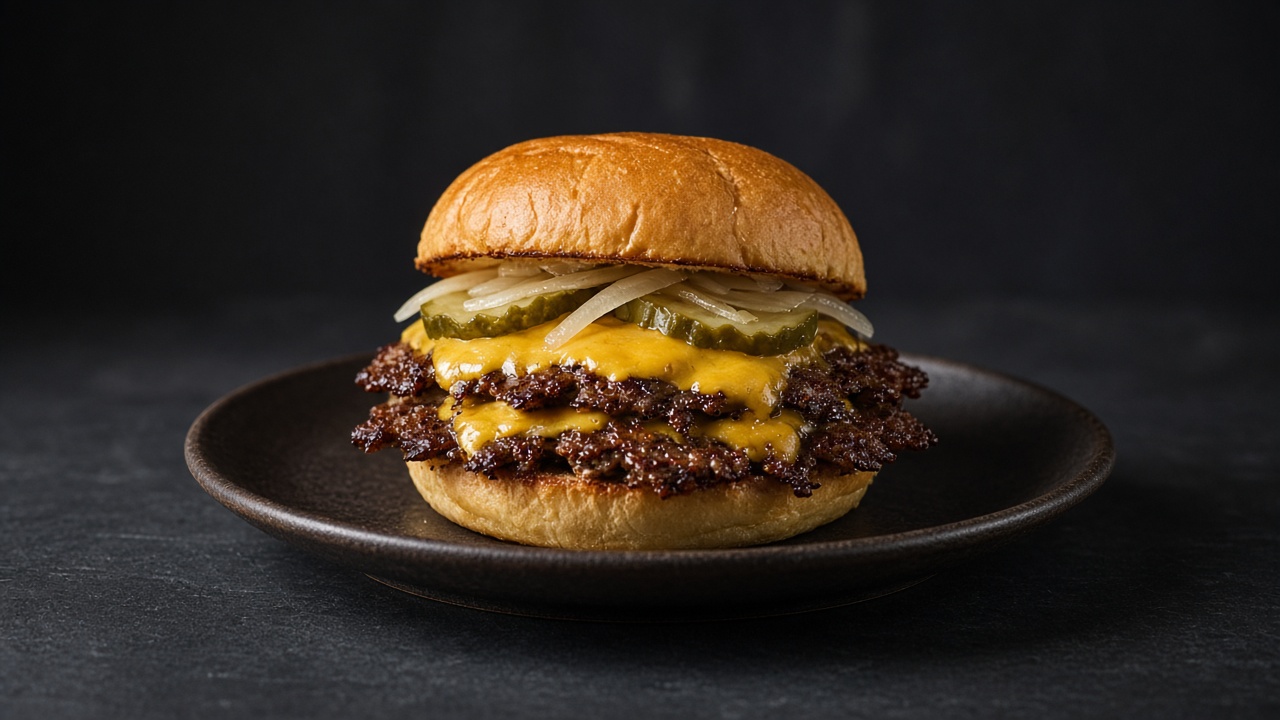 A double smash burger with lacy browned patties, melted cheese, pickles and onion in a toasted bun.
