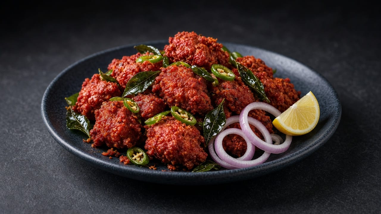 A pile of deep red-brown, crisply fried chicken pieces scattered with crackled curry leaves and garlic, served with onion rings and lemon wedges.