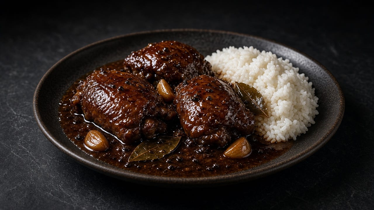Deep golden-brown chicken pieces glazed in a dark, glossy adobo sauce, scattered with sliced spring onion, served over steamed rice.