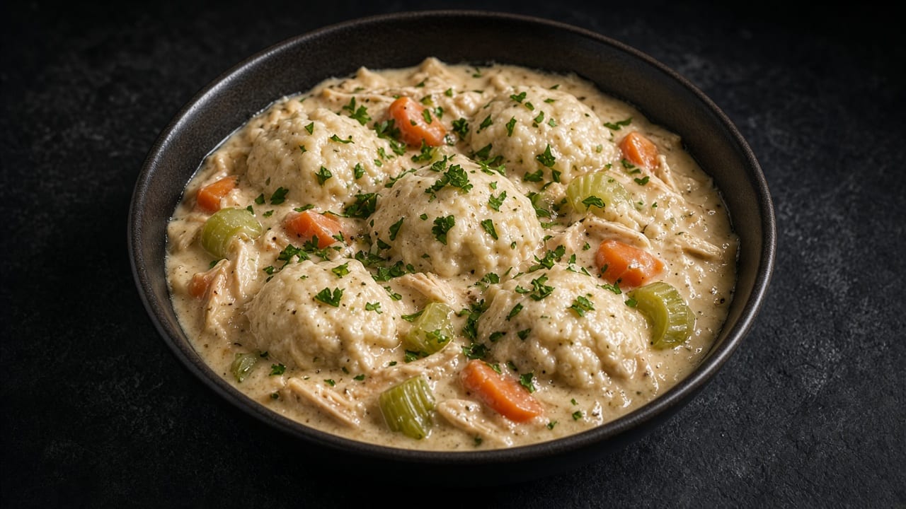 A bowl of creamy chicken and vegetable stew topped with plump, golden-flecked dumplings, steam rising from the surface.