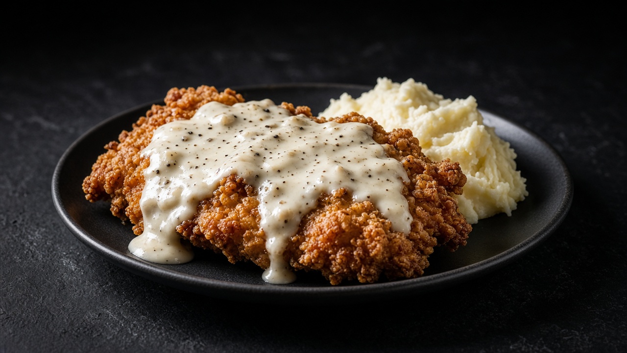 A crisp, golden-crusted fried steak on a plate, smothered in creamy peppery gravy, with mashed potatoes alongside.