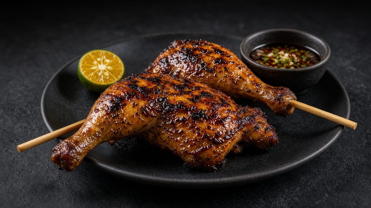 A charred, orange-glazed chicken leg quarter on a skewer, with citrus halves and a small bowl of dipping sauce.