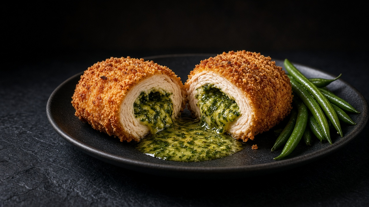A golden, crisply crumbed chicken Kiev sliced open on a plate, with garlic-herb butter melting out over a scattering of green beans.