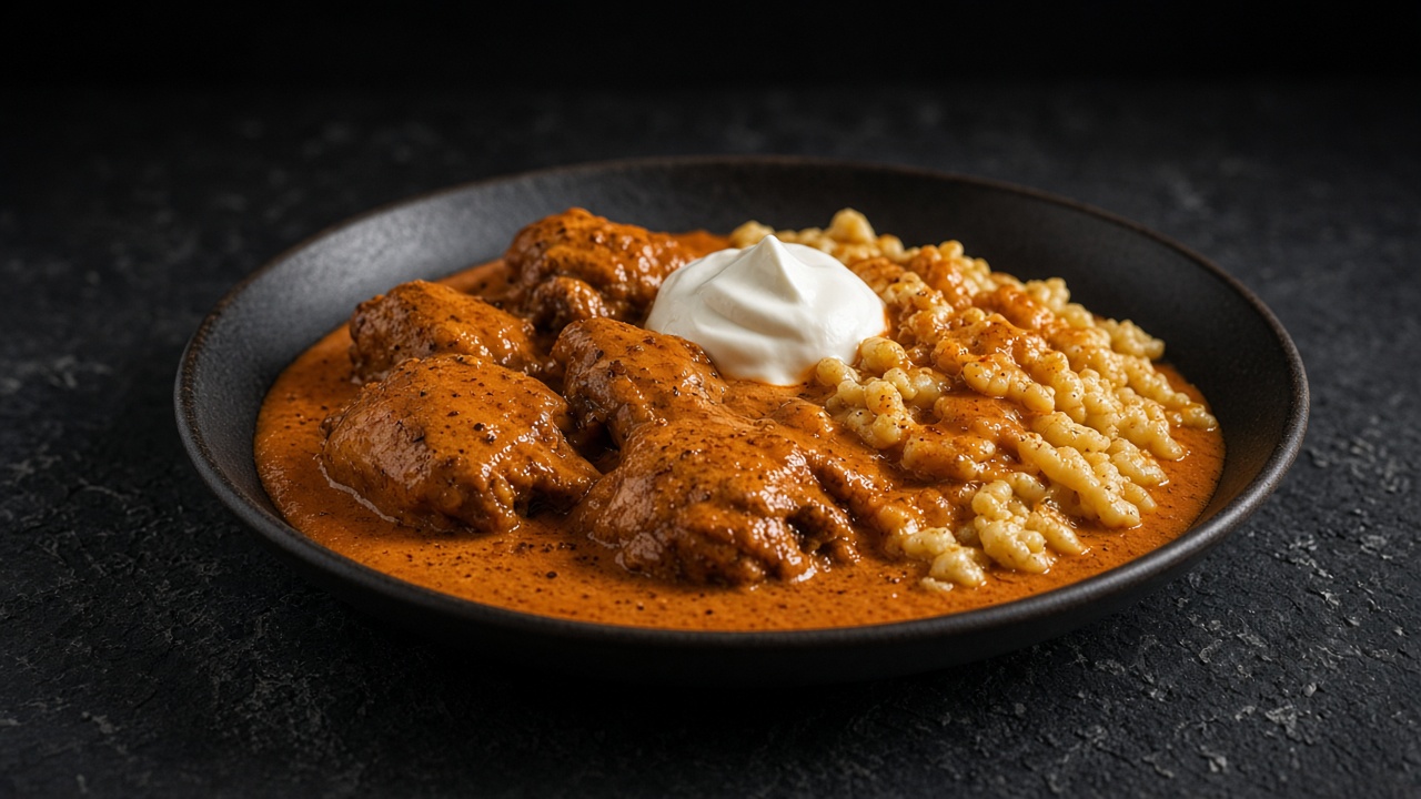 A rich, rust-red chicken paprikash in a creamy sauce, served over a bowl of soft nokedli dumplings with a swirl of soured cream.