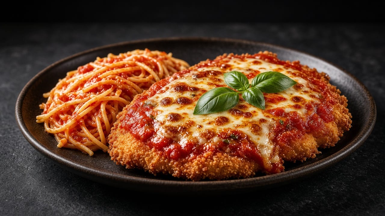 A golden, crisp-crumbed chicken cutlet topped with melted bubbling mozzarella and tomato sauce, served over a tangle of spaghetti.
