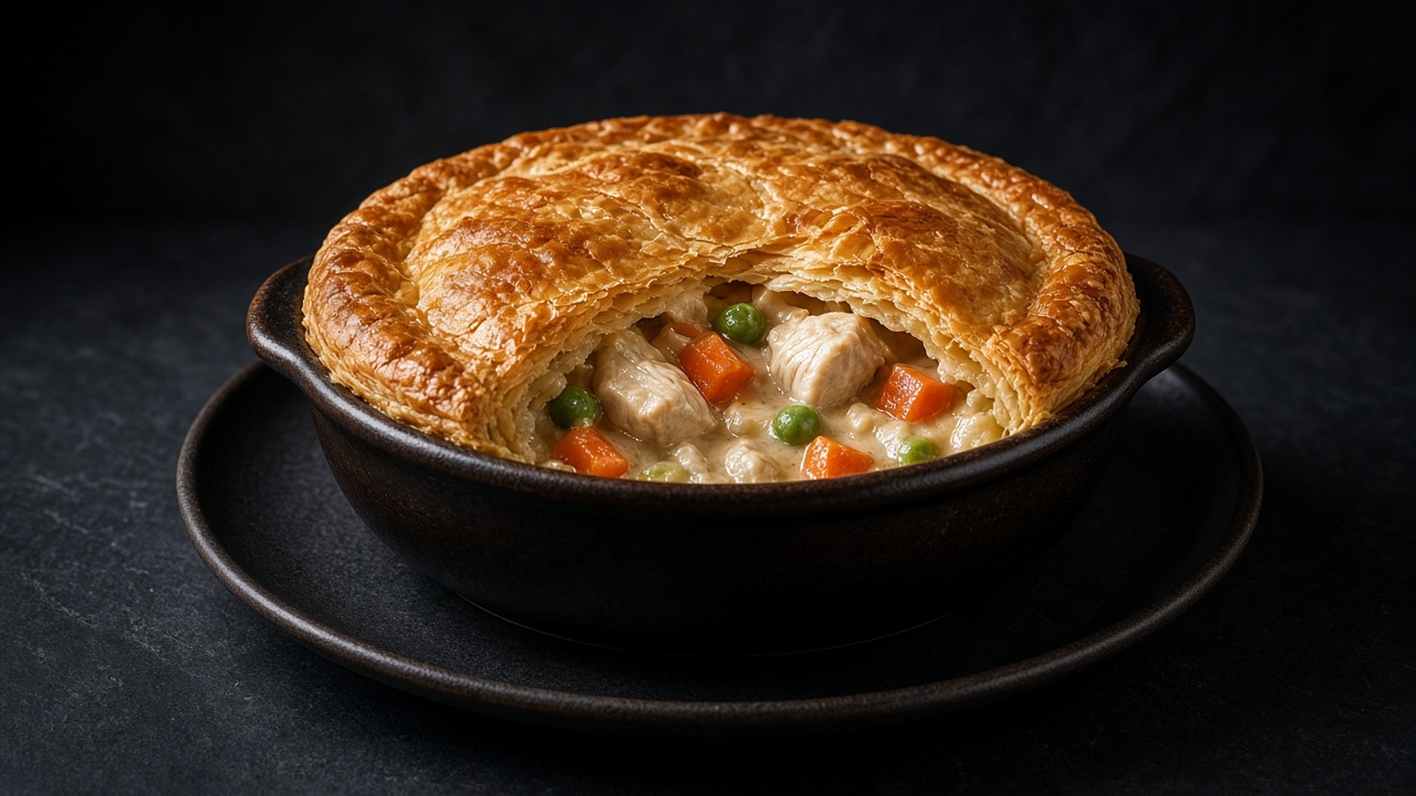 A chicken pot pie with a puffed, golden puff pastry lid.