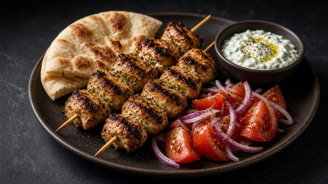 Charred chicken souvlaki skewers served with warm pitta, a bowl of thick tzatziki, tomato wedges and sliced red onion.