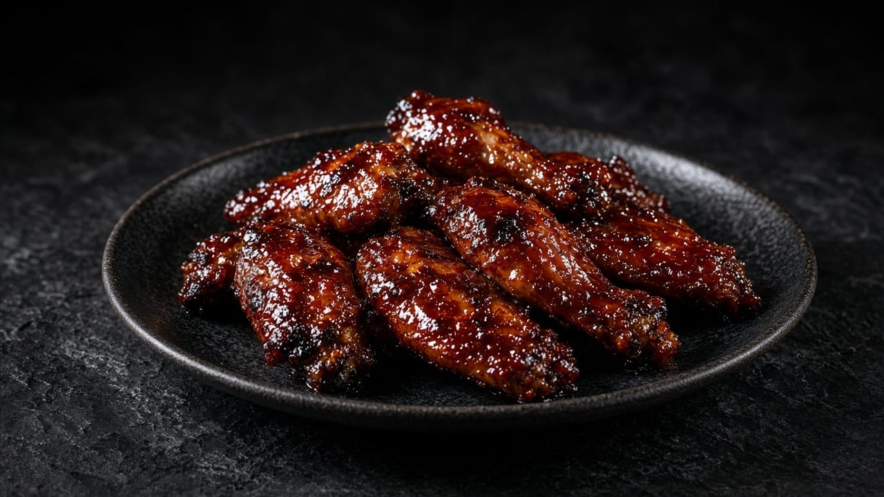 Dark, sticky barbecue-glazed chicken wings piled on a black plate.