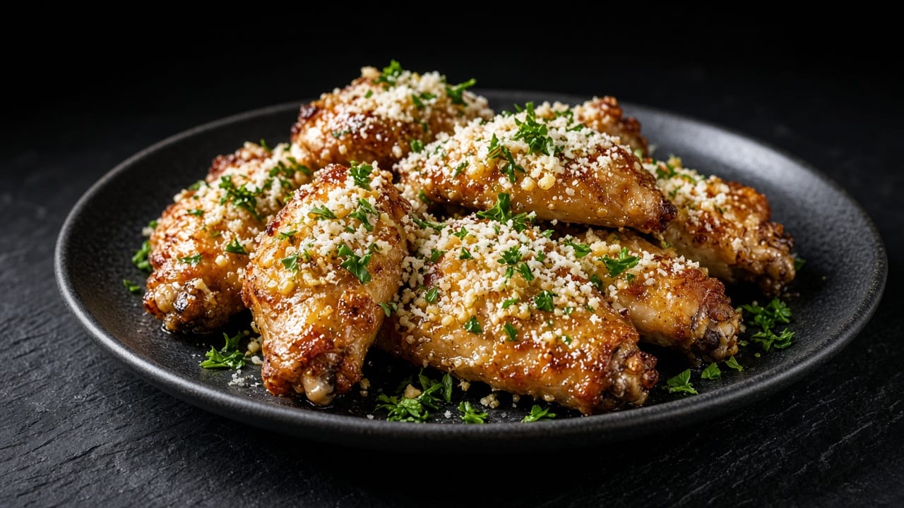 Crisp chicken wings coated in grated parmesan and chopped parsley on a dark plate.